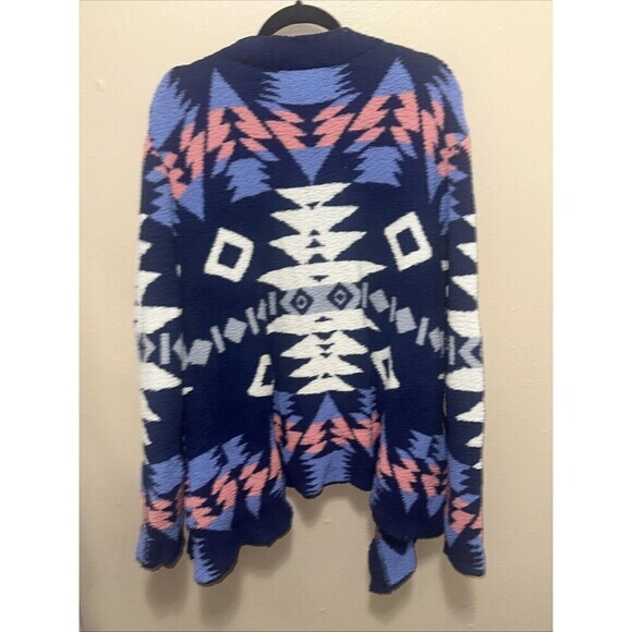 Shop Wanna B Aztec Print Open Front Cardigan‎ Sweater Blue Pink White Large - Picture 4 of 5